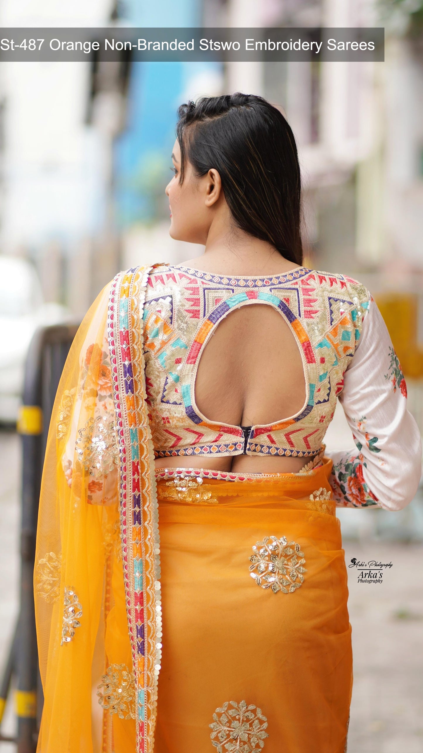 St-487 Orange Non-Branded Stswo Embroidery Sarees