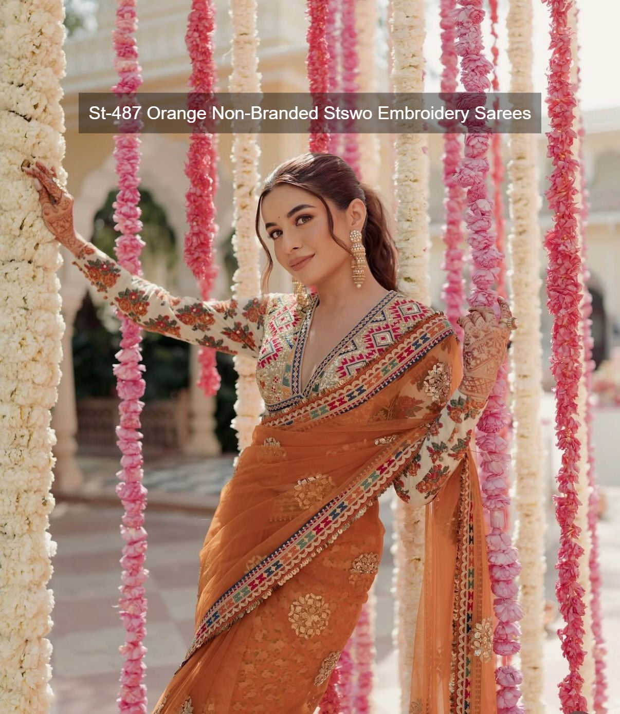 St-487 Orange Non-Branded Stswo Embroidery Sarees