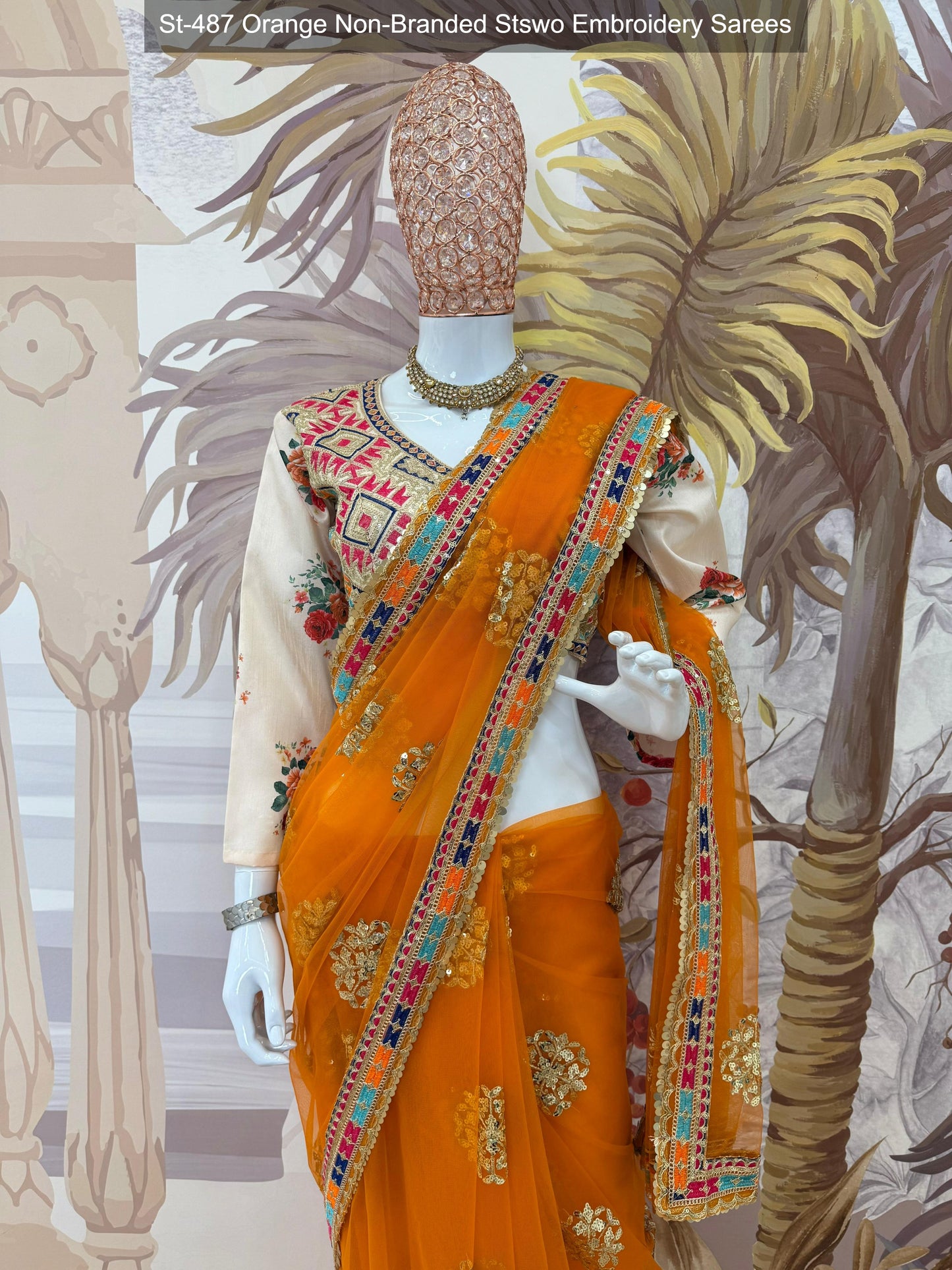 St-487 Orange Non-Branded Stswo Embroidery Sarees