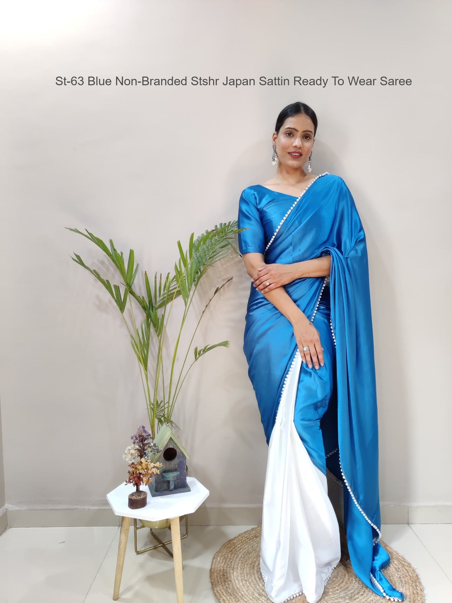 St-63 Blue Non-Branded Stshr Japan Sattin Ready To Wear Saree