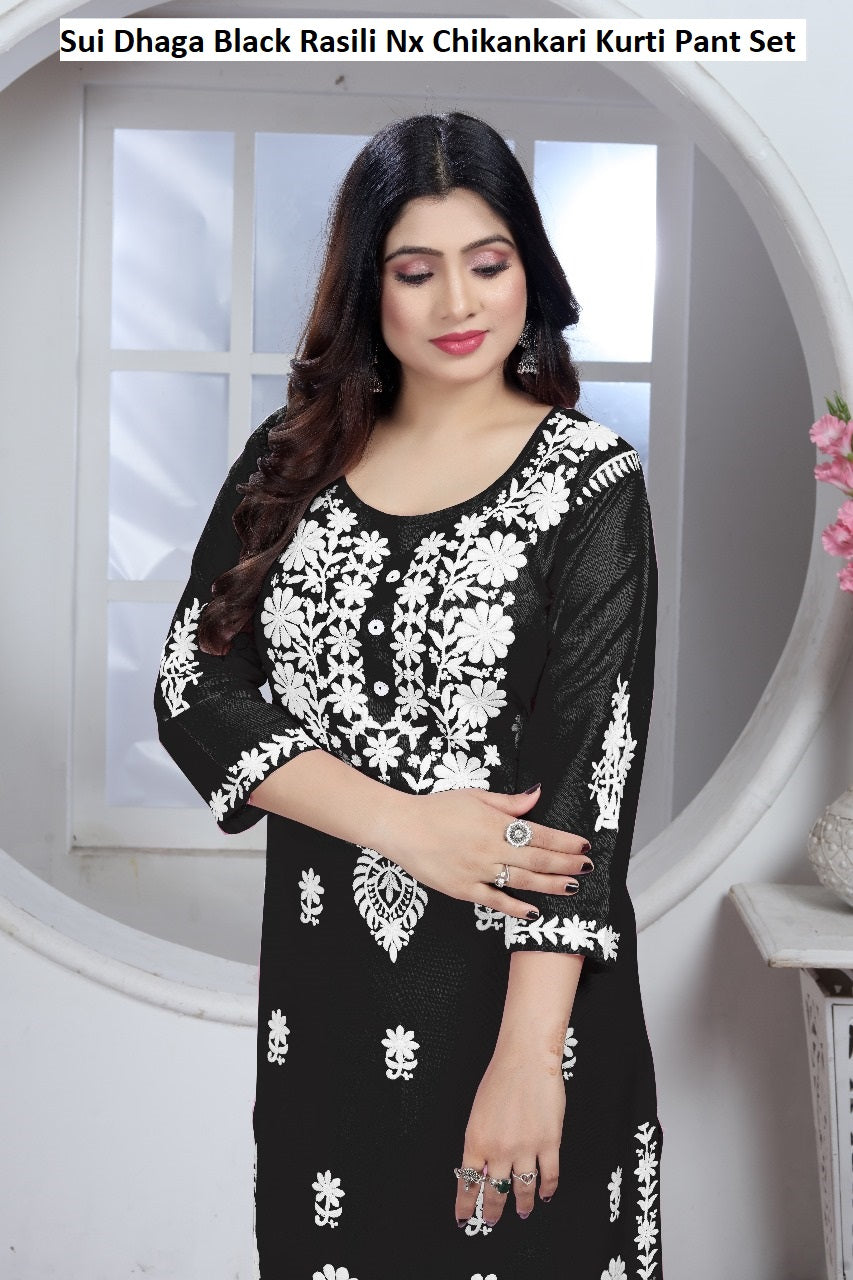 Sui Dhaga Black Rasili Nx Chikankari Kurti Pant Set