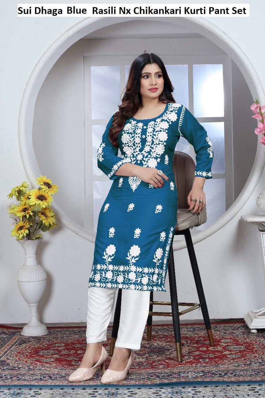 Sui Dhaga Blue Rasili Nx Chikankari Kurti Pant Set