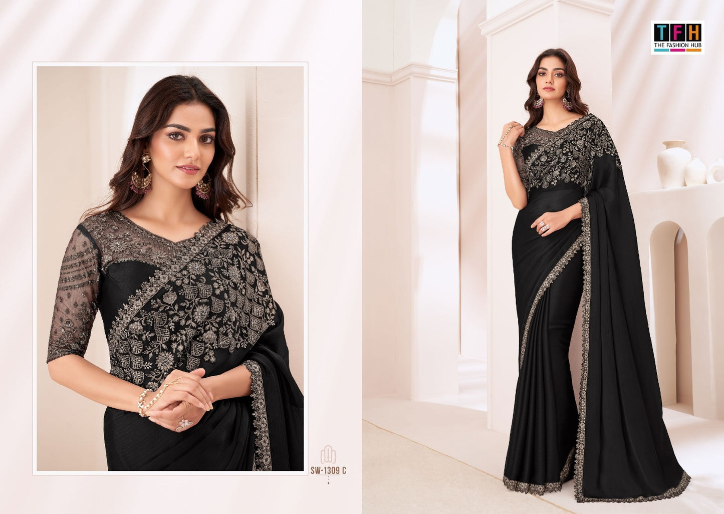 Sw-1309 C Sandalwood Tfh Satin Sarees