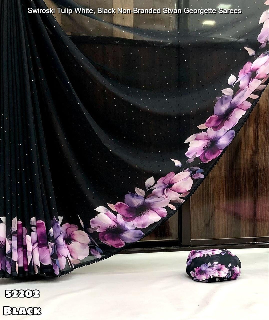 Swiroski Tulip White, Black Non-Branded Stvan Georgette Sarees