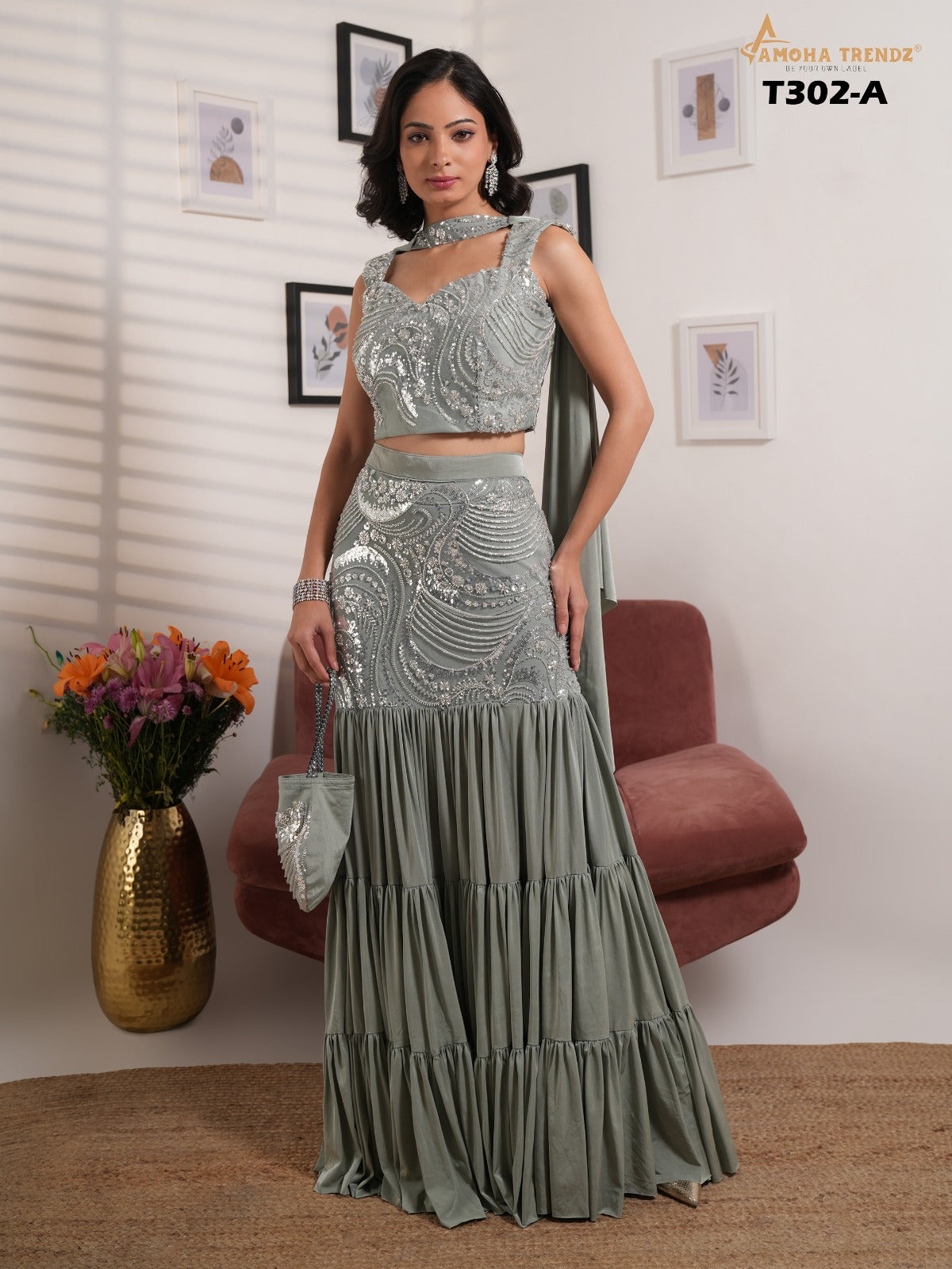 T302A Amoha Embroidery Crop Top Plazzo Set