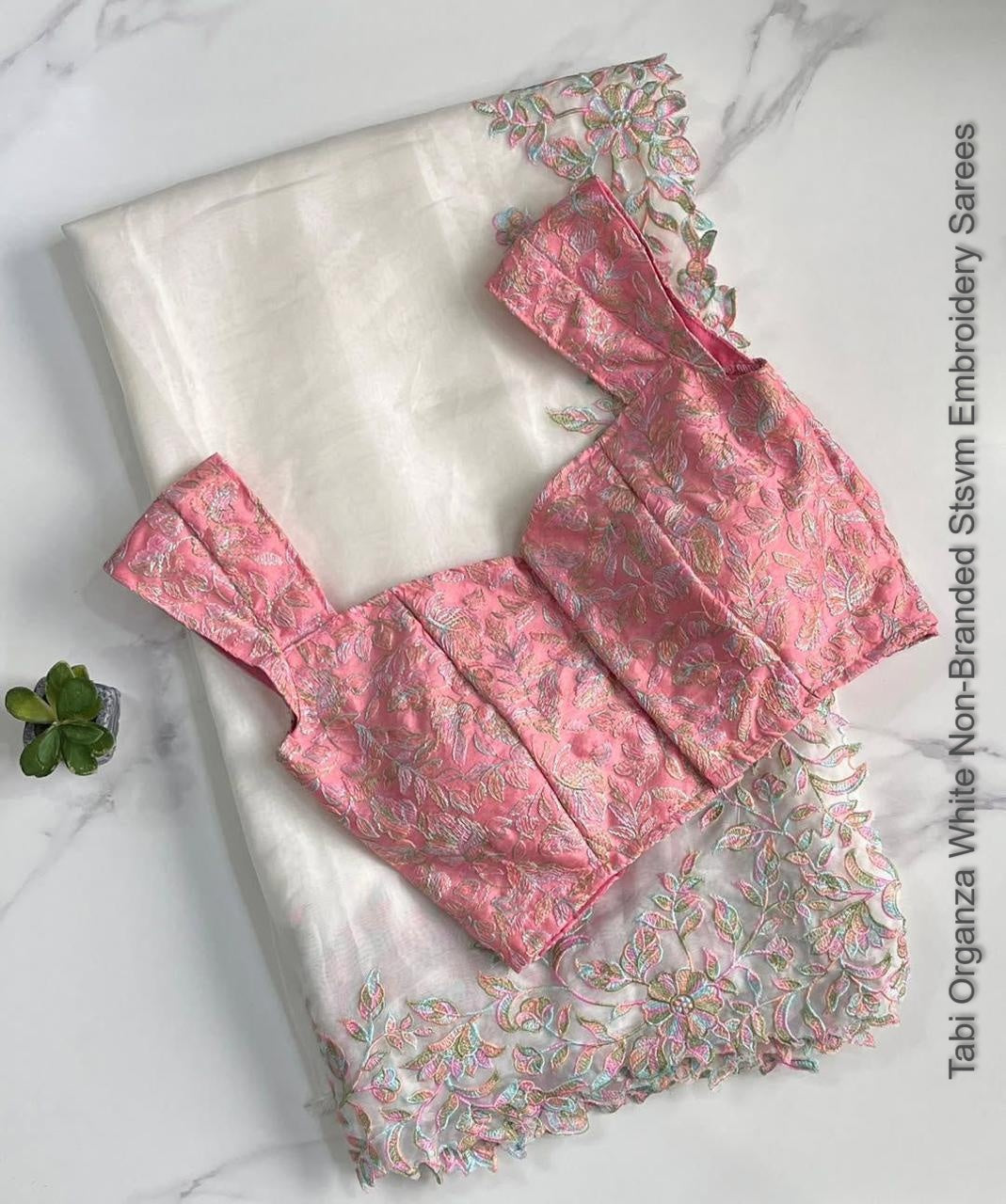 Tabi Organza White Non-Branded Stsvm Embroidery Sarees