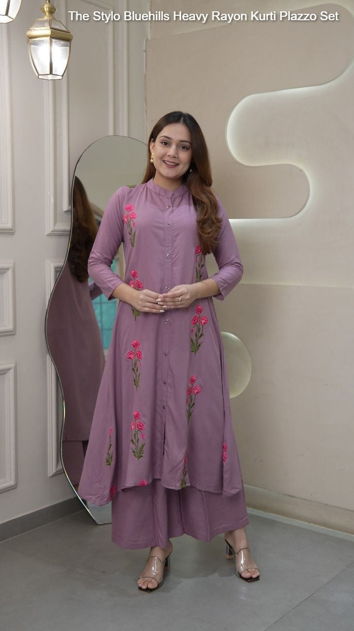 The Stylo Dusty Purple Bluehills Heavy Rayon Kurti Plazzo Set