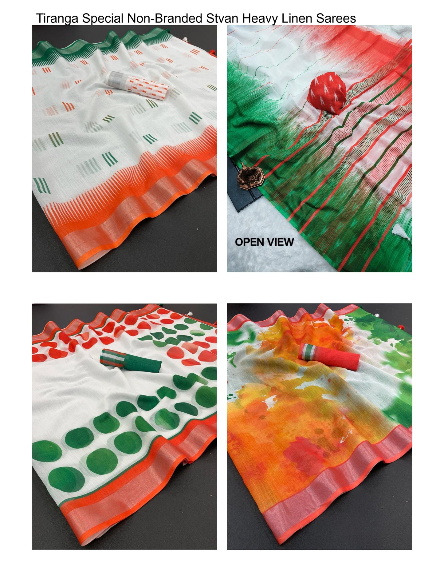 Tiranga Special Non-Branded Stvan Heavy Linen Sarees