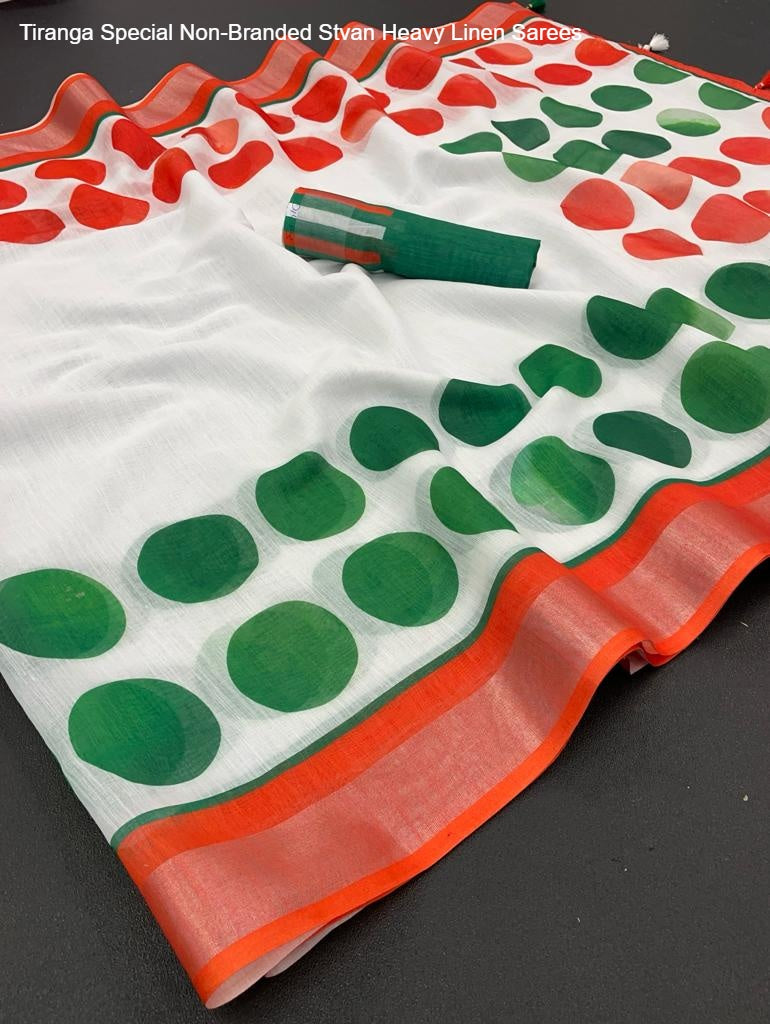 Tiranga Special Non-Branded Stvan Heavy Linen Sarees