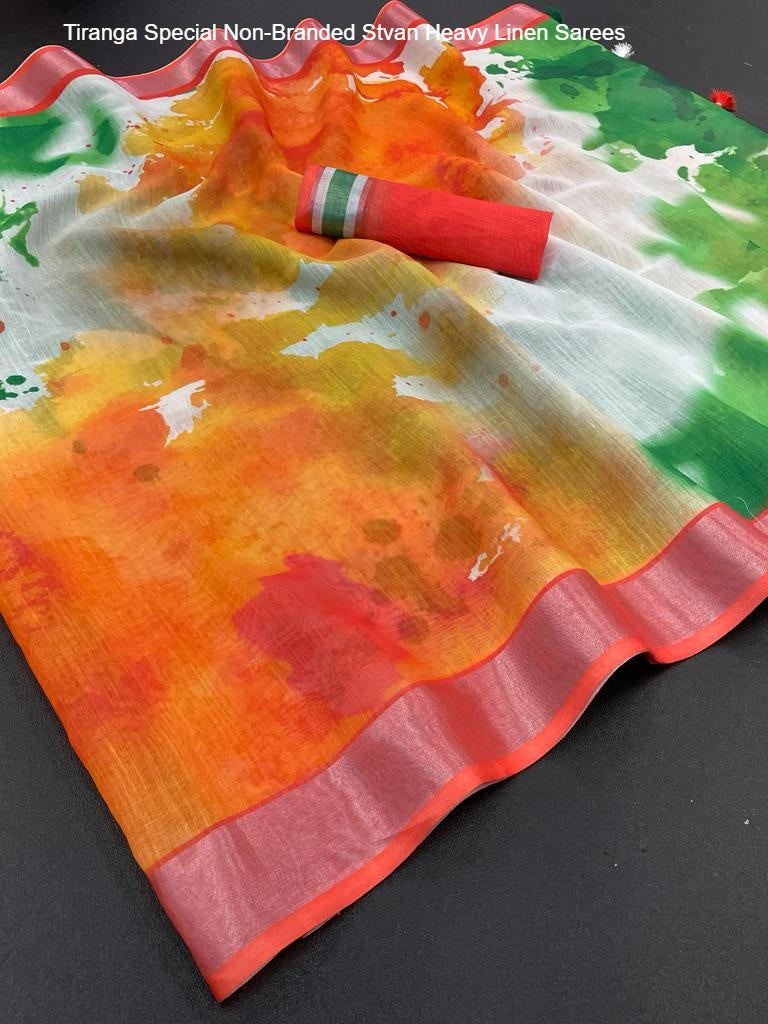 Tiranga Special Non-Branded Stvan Heavy Linen Sarees