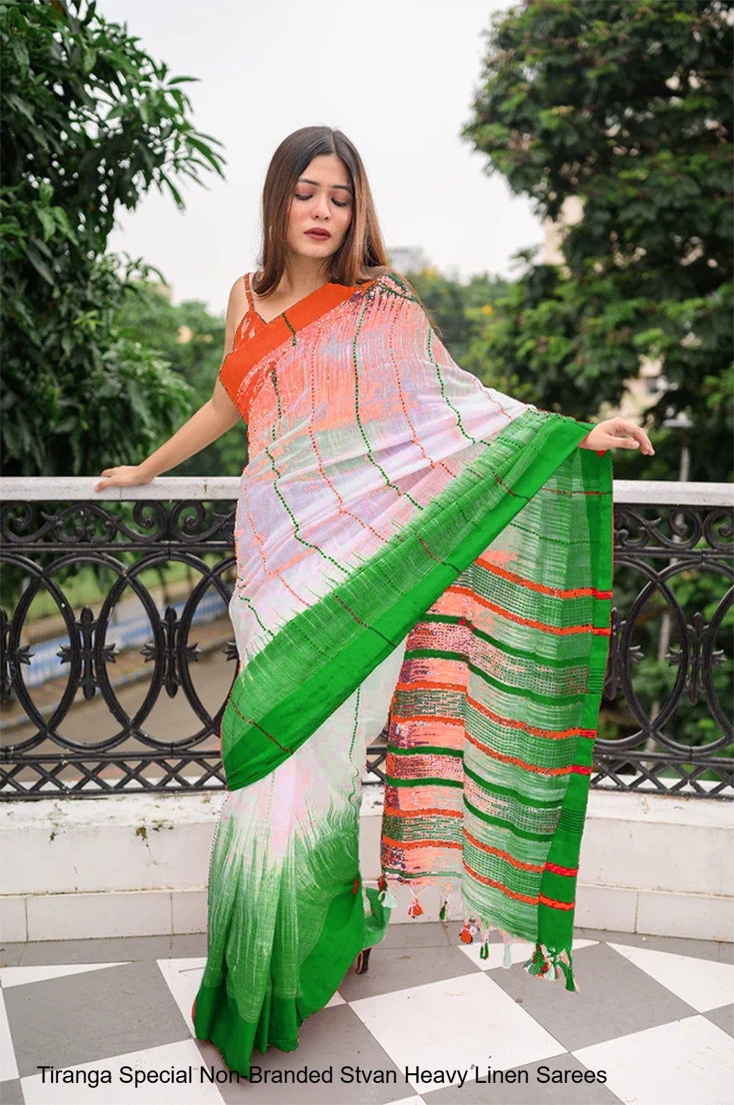 Tiranga Special Non-Branded Stvan Heavy Linen Sarees