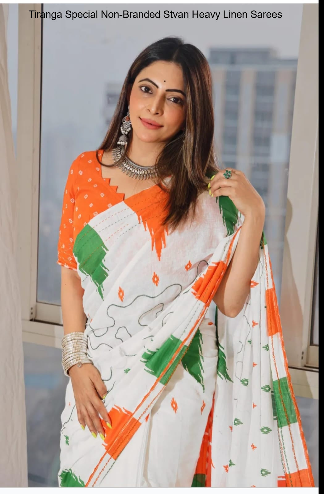 Tiranga Special Non-Branded Stvan Heavy Linen Sarees