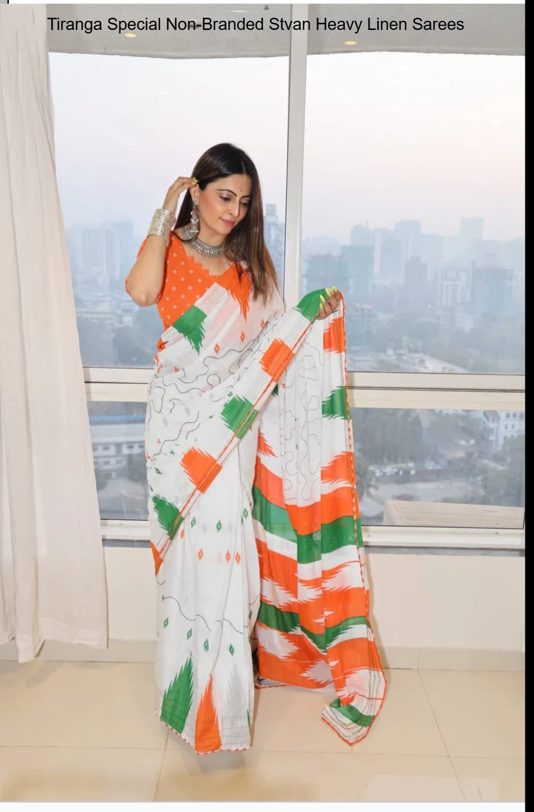 Tiranga Special Non-Branded Stvan Heavy Linen Sarees