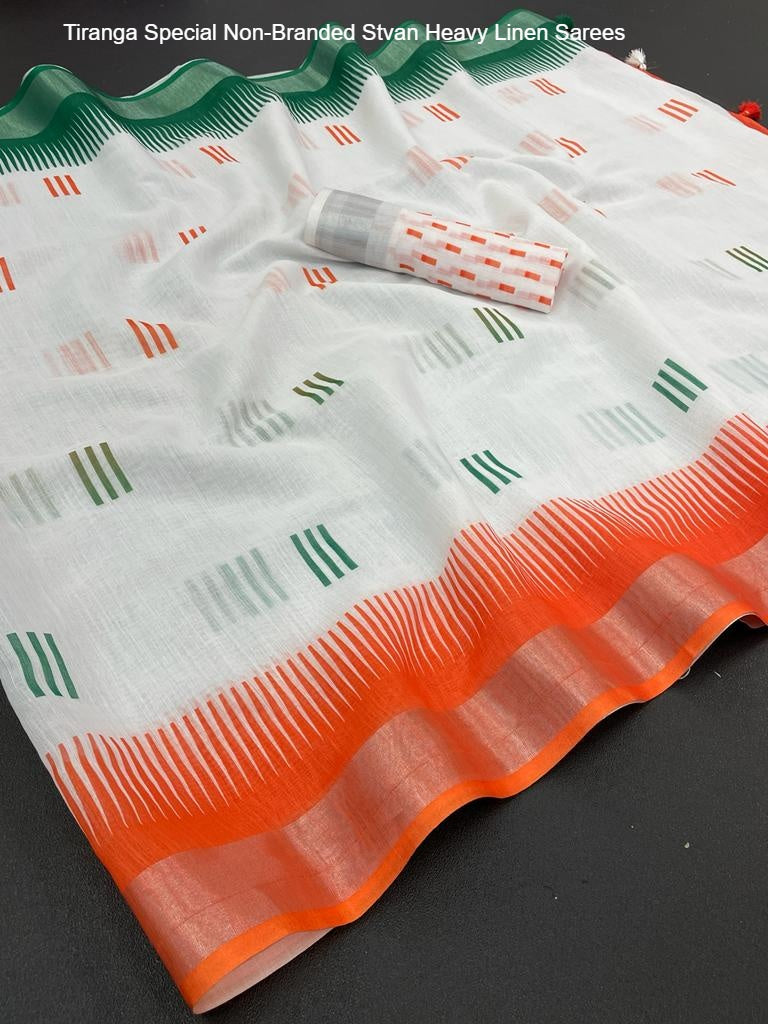 Tiranga Special Non-Branded Stvan Heavy Linen Sarees