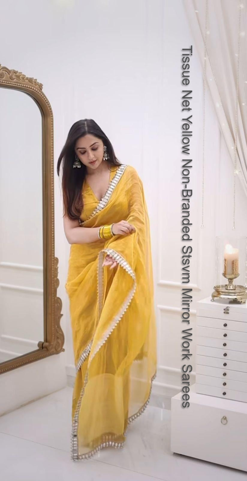 Tissue Net Yellow Non-Branded Stsvm Mirror Work Sarees