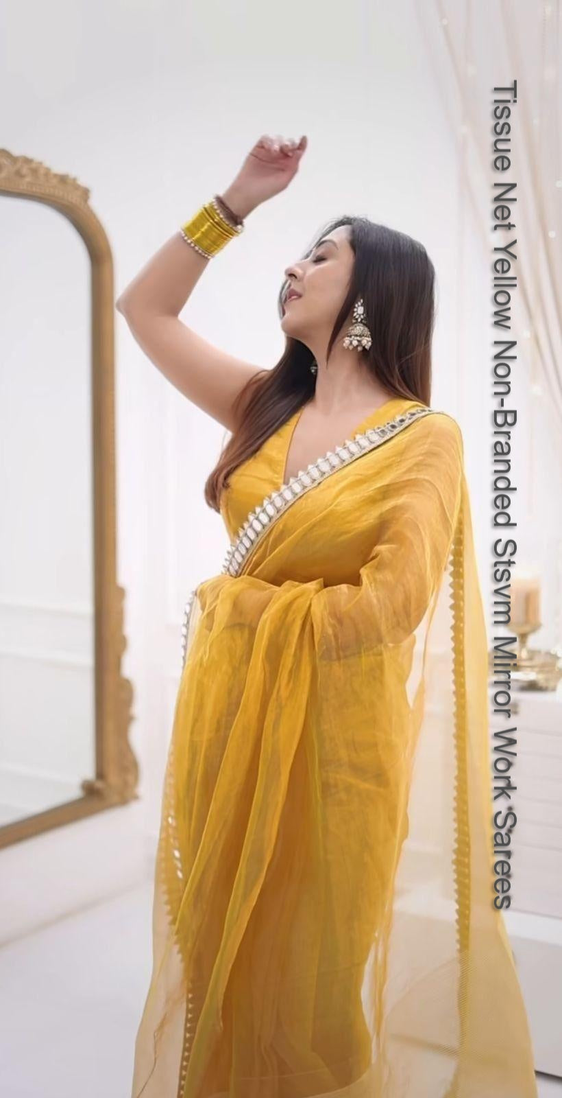 Tissue Net Yellow Non-Branded Stsvm Mirror Work Sarees