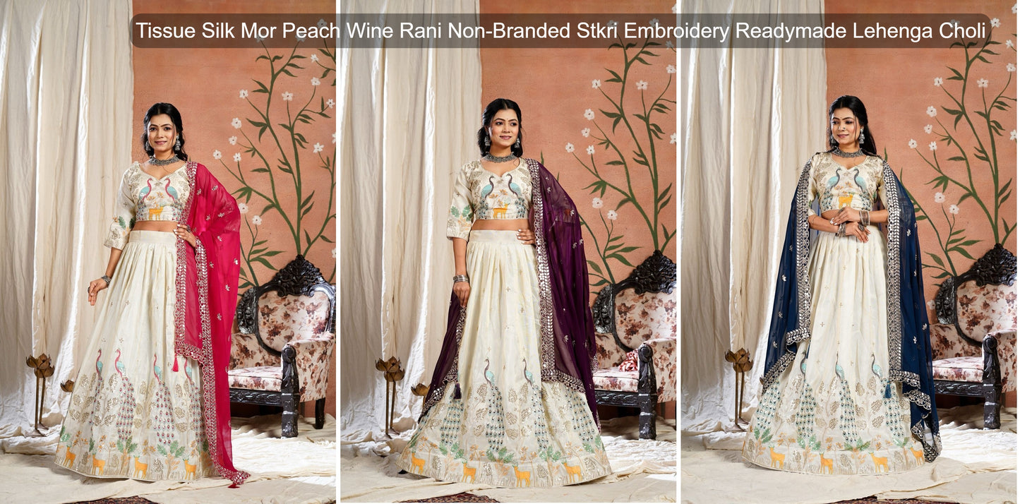 Tissue Silk Mor Peach Wine Rani Non-Branded Stkri Embroidery Readymade Lehenga Choli