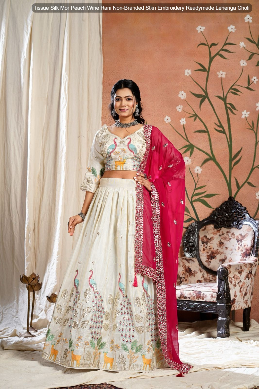 Tissue Silk Mor Peach Wine Rani Non-Branded Stkri Embroidery Readymade Lehenga Choli