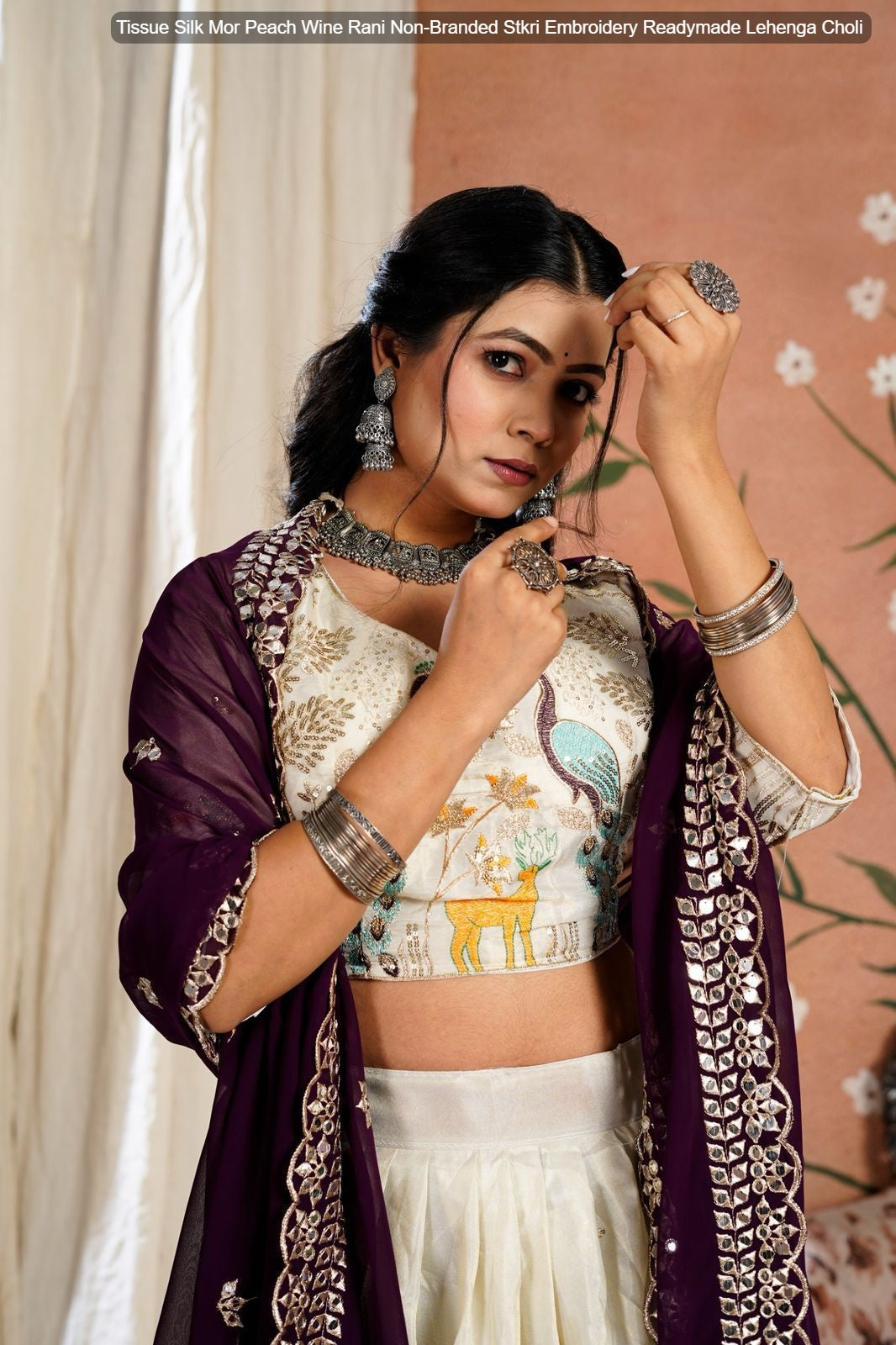 Tissue Silk Mor Peach Wine Rani Non-Branded Stkri Embroidery Readymade Lehenga Choli