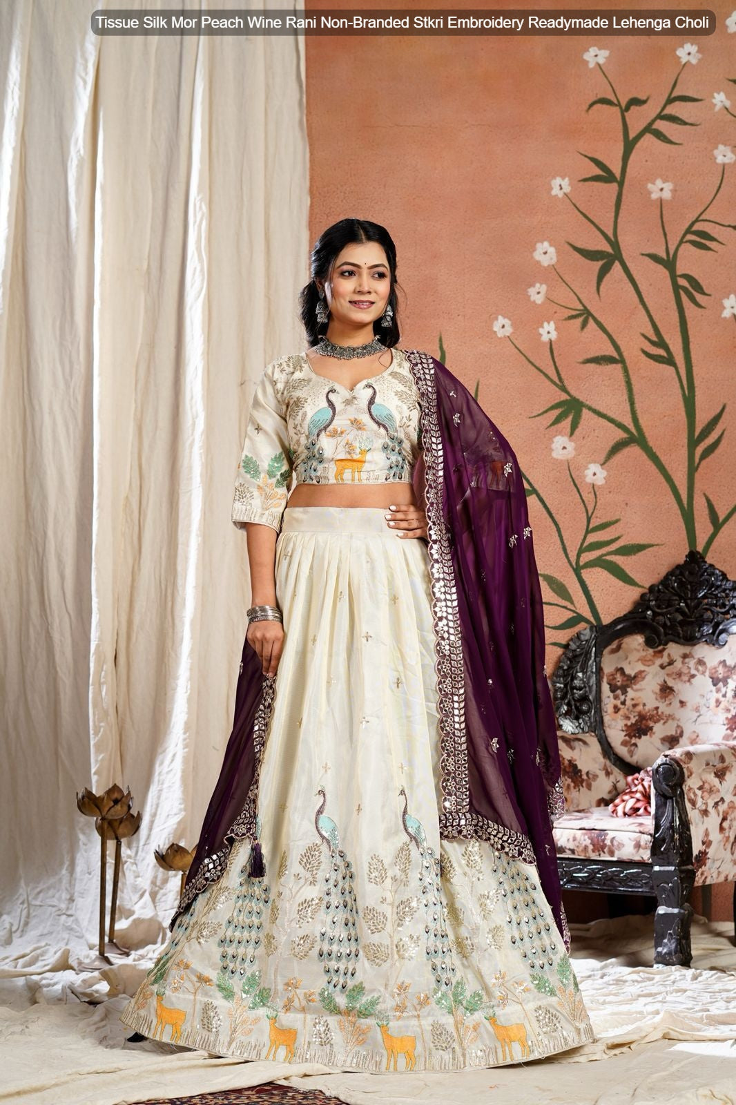 Tissue Silk Mor Peach Wine Rani Non-Branded Stkri Embroidery Readymade Lehenga Choli