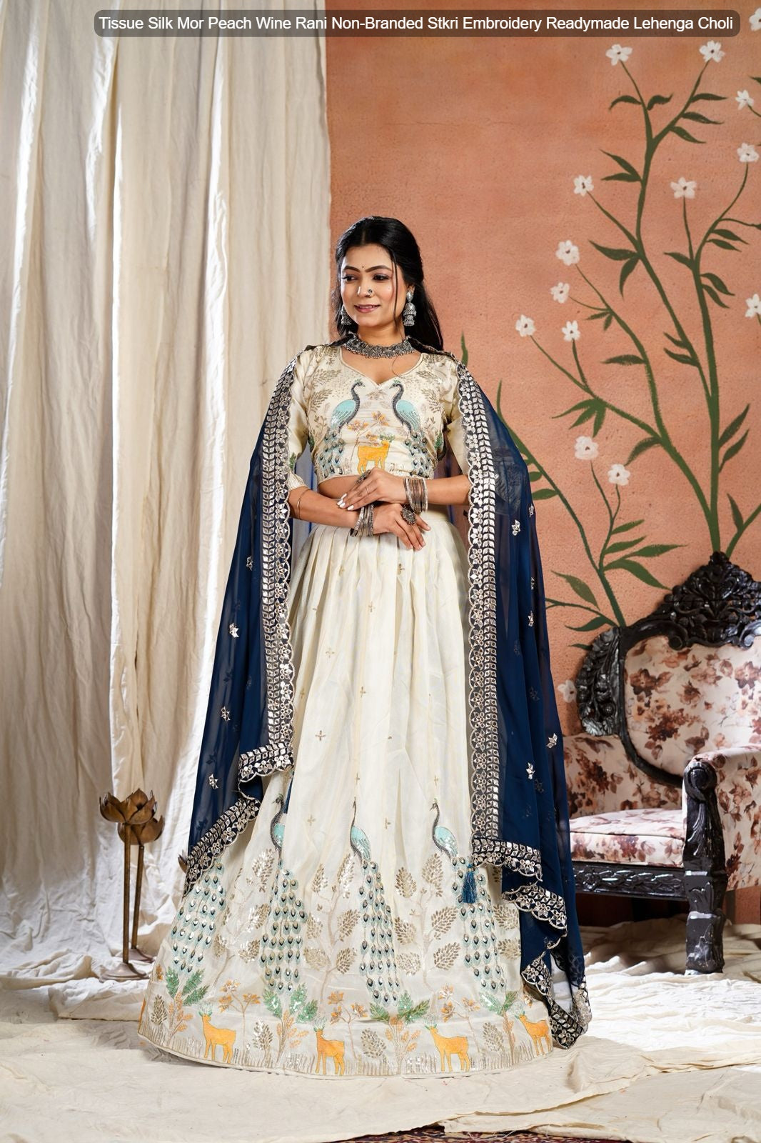Tissue Silk Mor Peach Wine Rani Non-Branded Stkri Embroidery Readymade Lehenga Choli