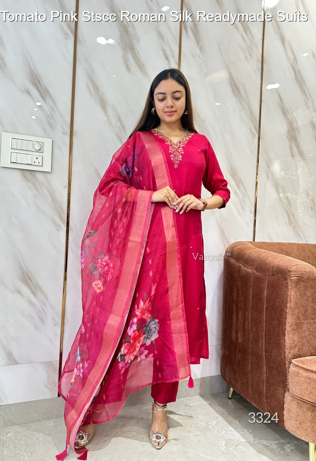 Tomato Pink Stscc Roman Silk Readymade Suits