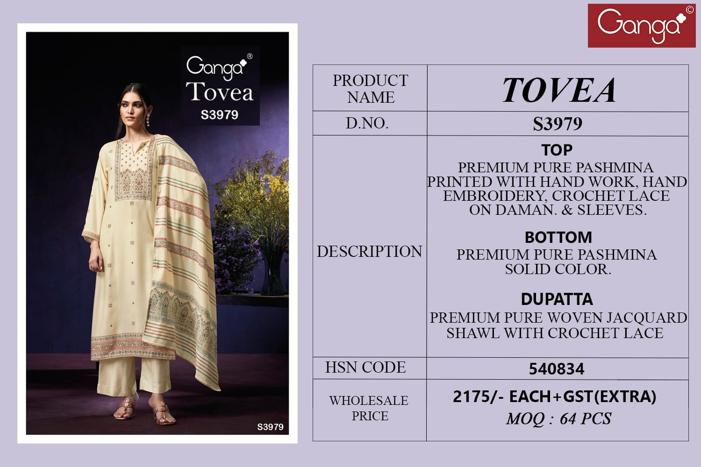 Tovea S3979 Ganga Premium Pure Pashmina Suits