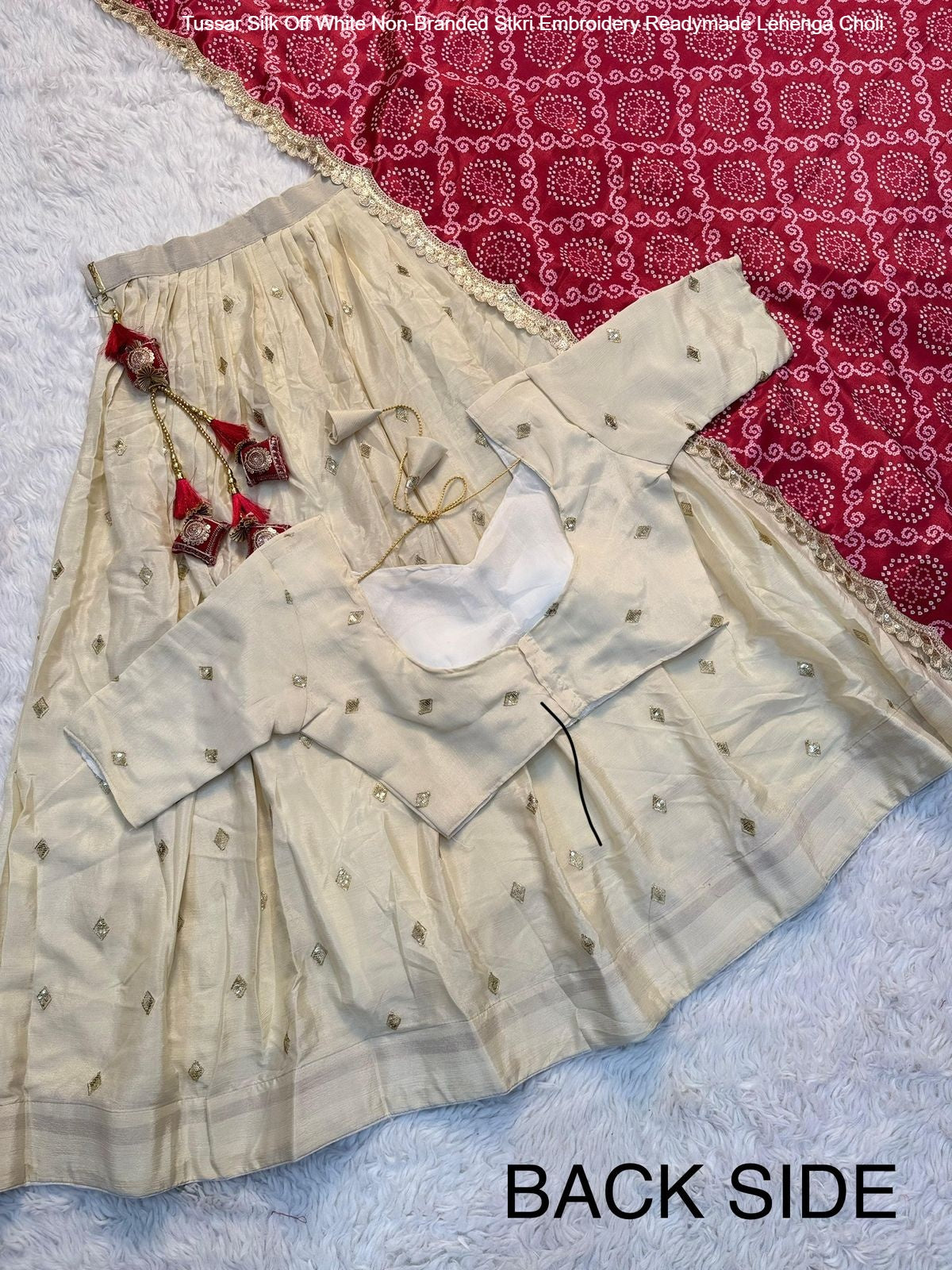 Tussar Silk Off White Non-Branded Stkri Embroidery Readymade Lehenga Choli