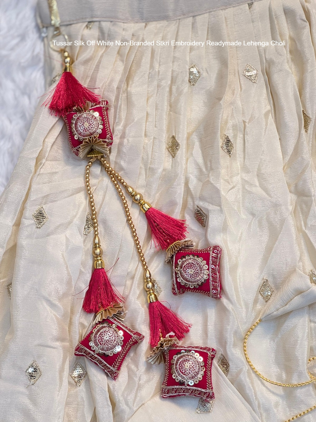 Tussar Silk Off White Non-Branded Stkri Embroidery Readymade Lehenga Choli