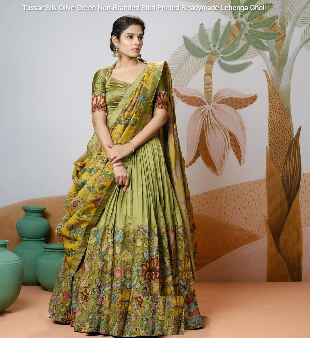 Tussar Silk Olive Green Non-Branded Stkri Printed Readymade Lehenga Choli