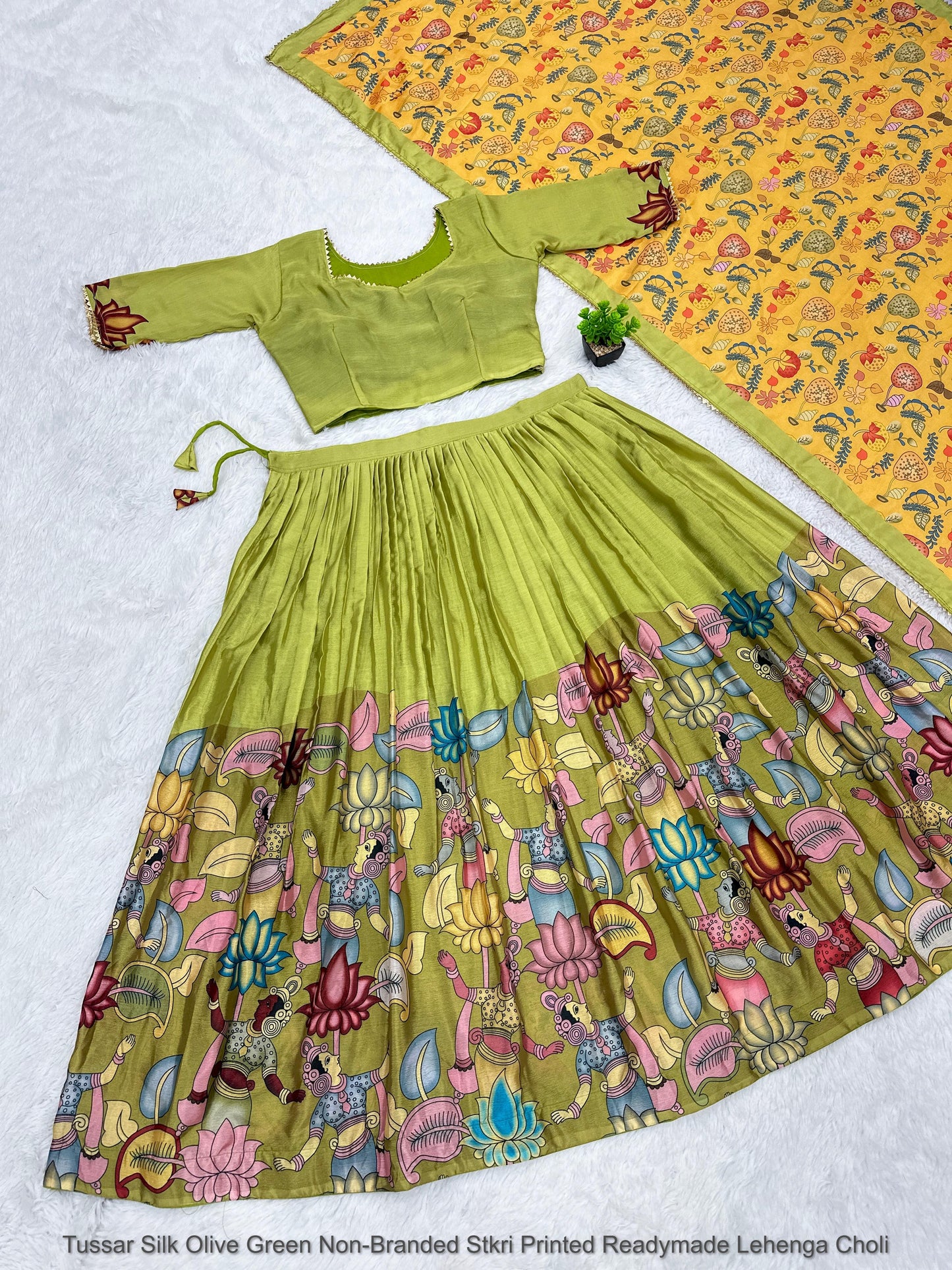 Tussar Silk Olive Green Non-Branded Stkri Printed Readymade Lehenga Choli