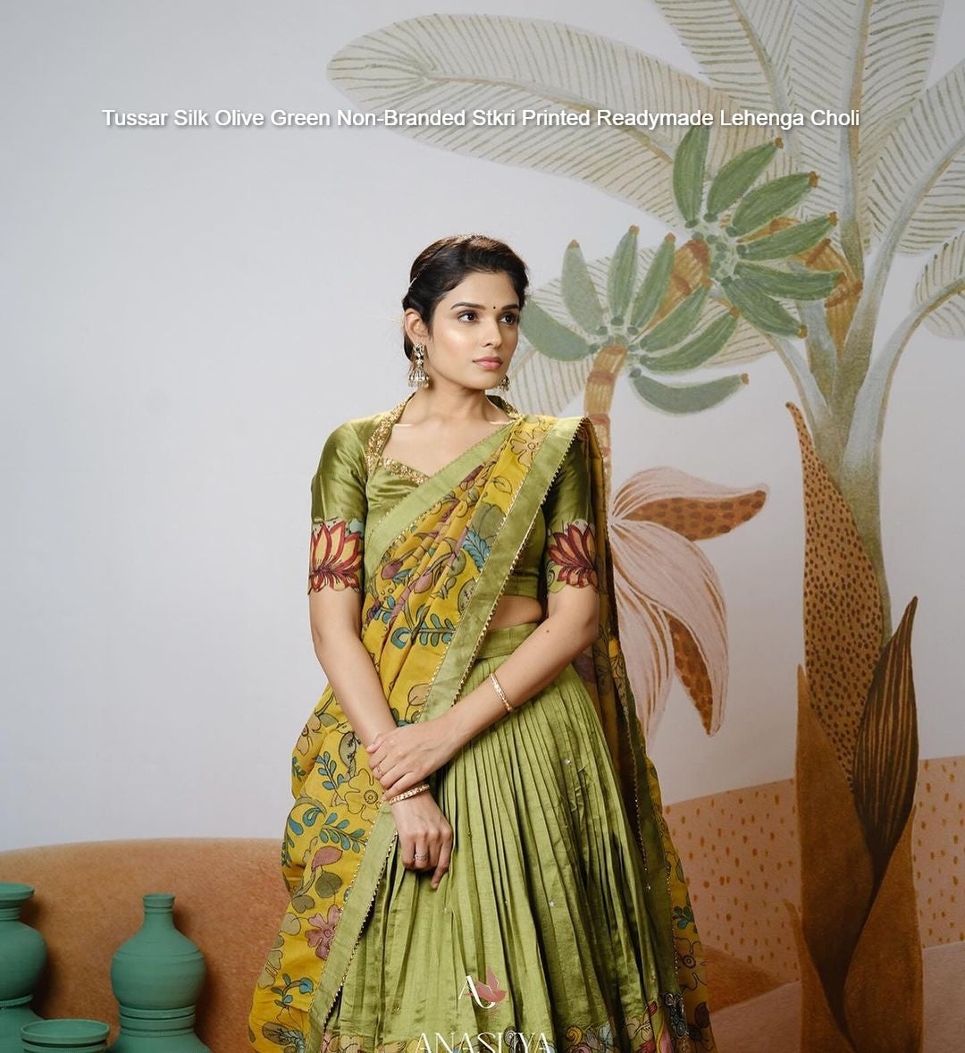 Tussar Silk Olive Green Non-Branded Stkri Printed Readymade Lehenga Choli