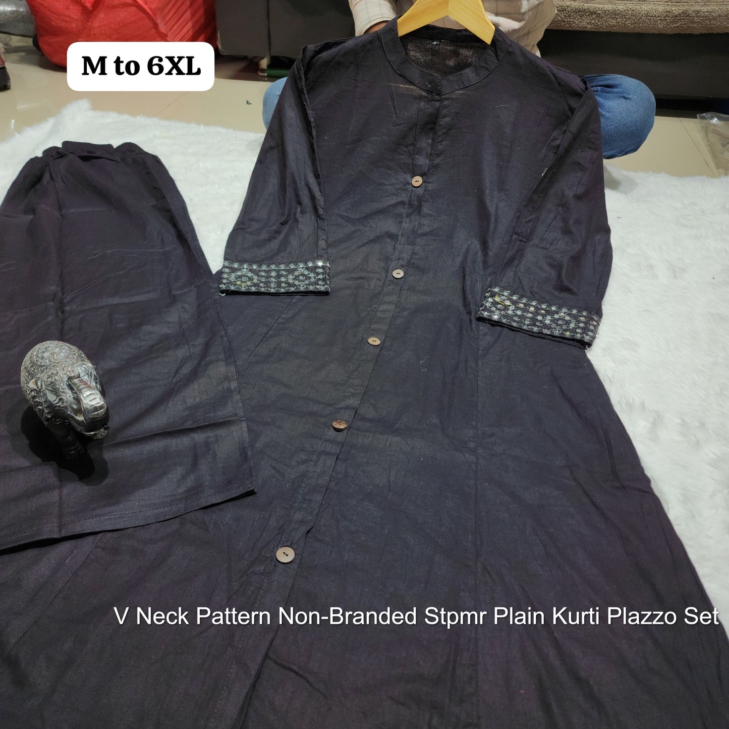V Neck Pattern Non-Branded Stpmr Plain Kurti Plazzo Set