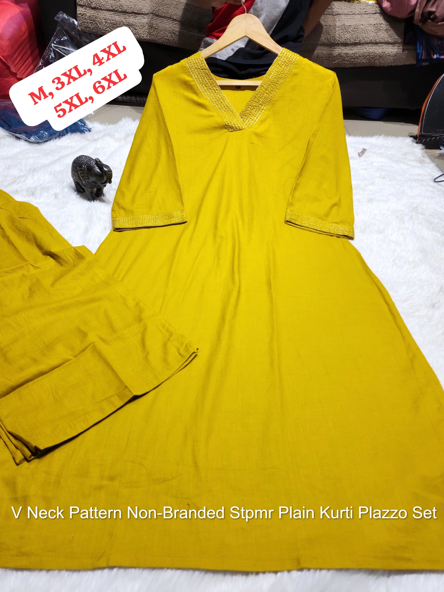 V Neck Pattern Non-Branded Stpmr Plain Kurti Plazzo Set
