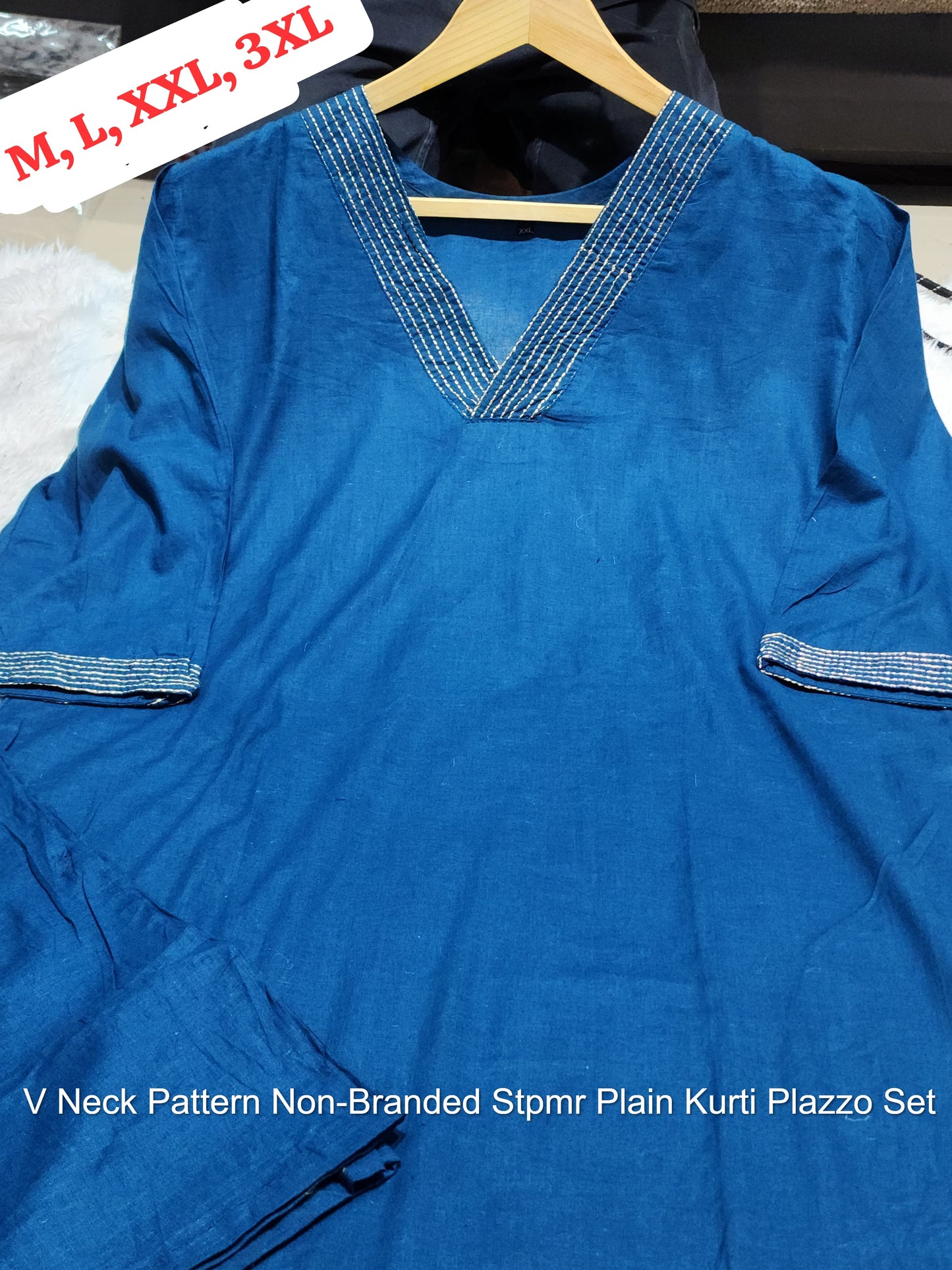 V Neck Pattern Non-Branded Stpmr Plain Kurti Plazzo Set