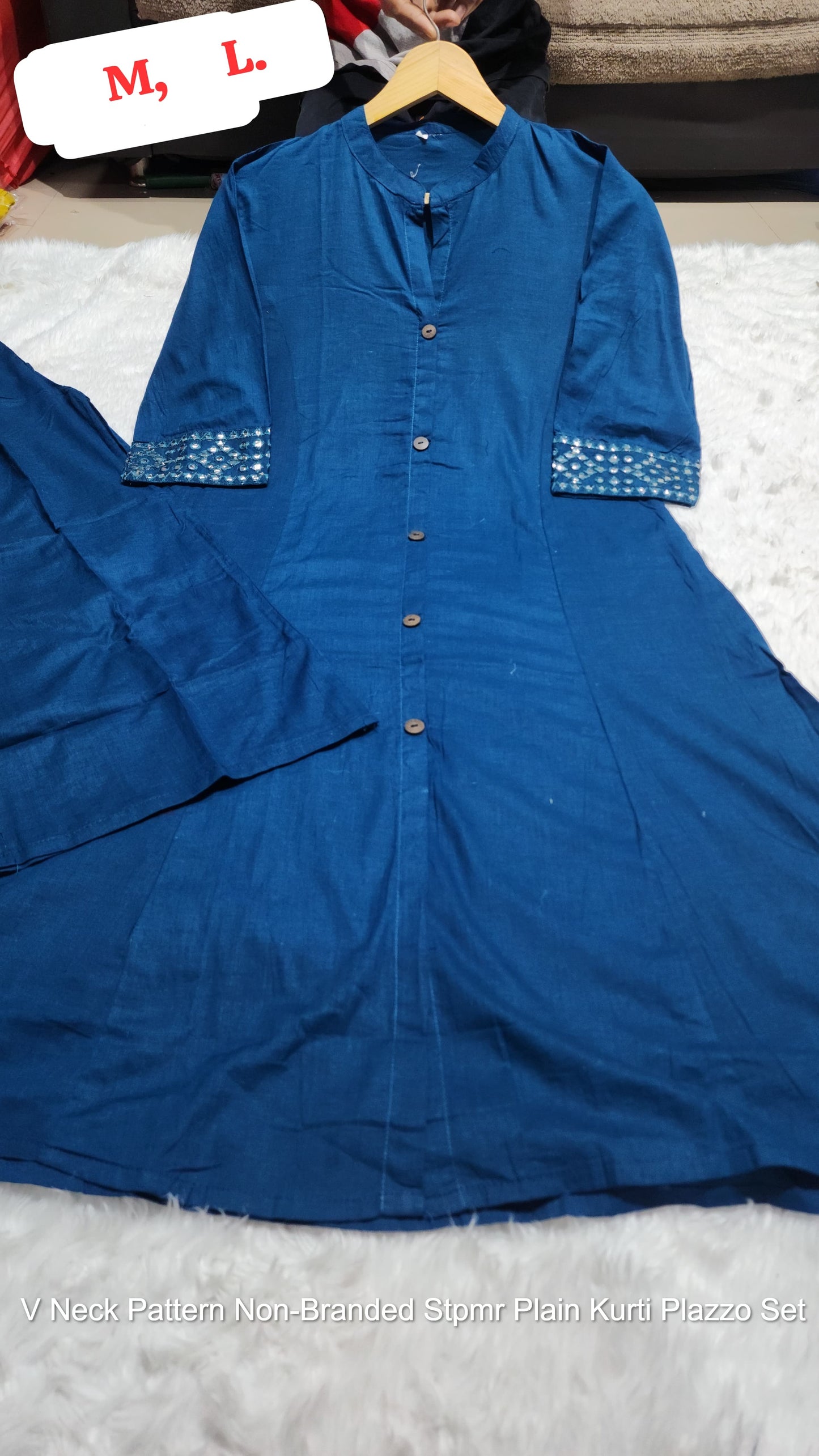 V Neck Pattern Non-Branded Stpmr Plain Kurti Plazzo Set