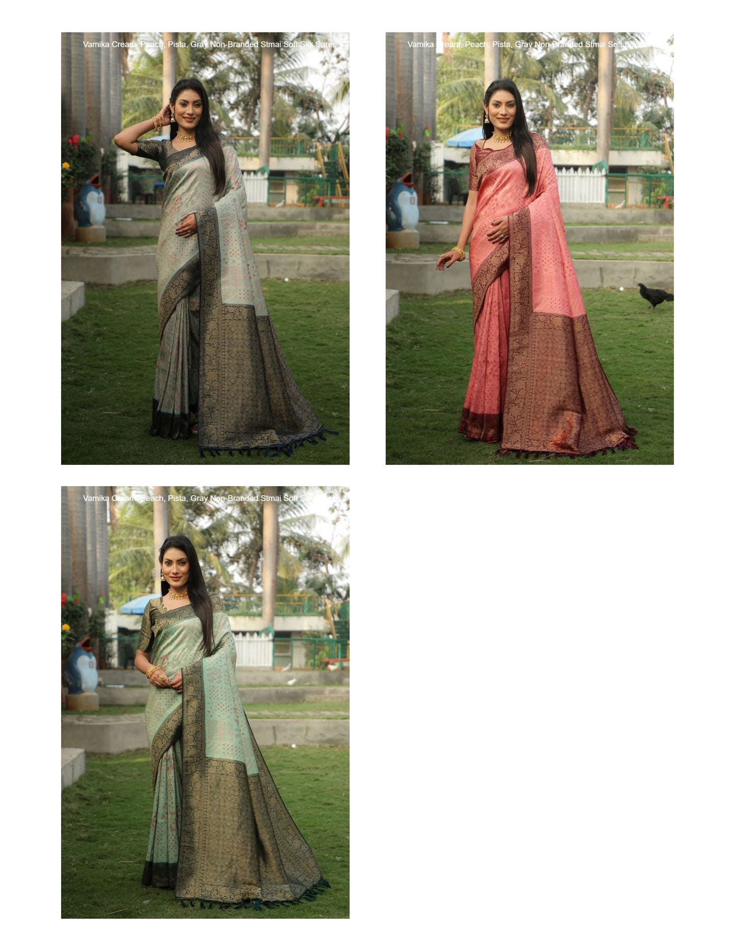Vamika Cream, Peach, Pista, Gray Non-Branded Stmai Soft Silk Sarees