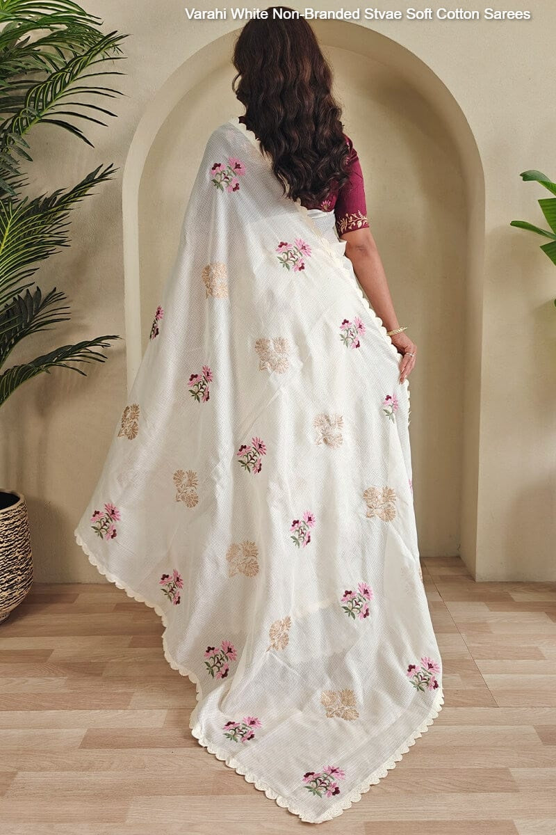 Varahi White Non-Branded Stvae Soft Cotton Sarees