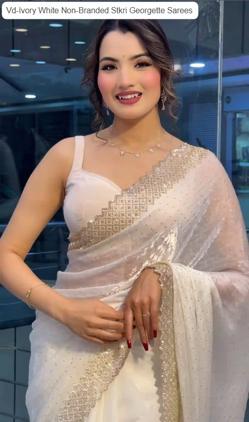 Vd-Ivory White Non-Branded Stkri Georgette Sarees