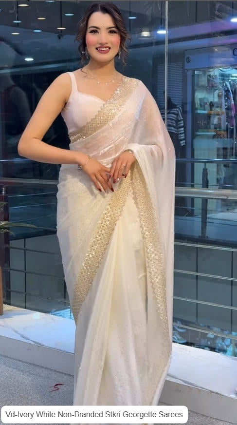 Vd-Ivory White Non-Branded Stkri Georgette Sarees