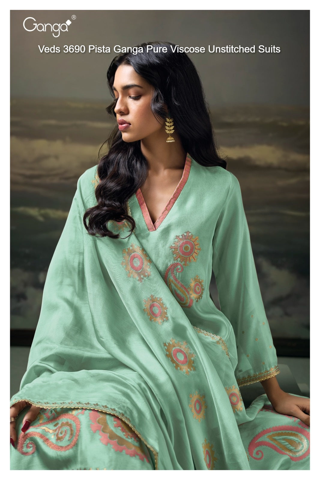 Veds 3690 Pista Ganga Pure Viscose Unstitched Suits