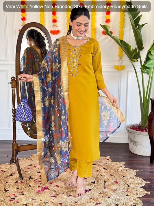 Veni White Yellow Non-Branded Stkri Embroidery Readymade Suits