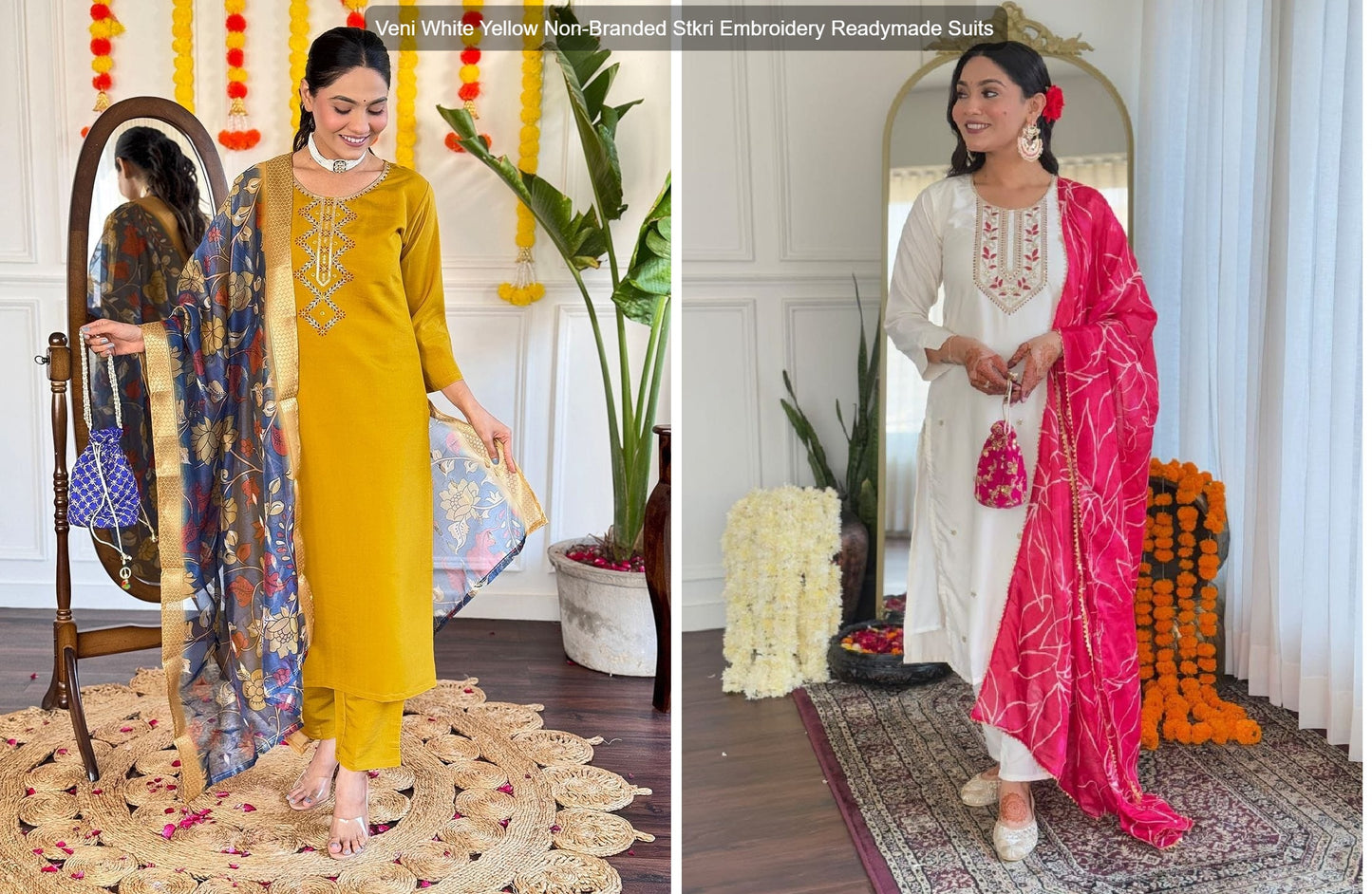 Veni White Yellow Non-Branded Stkri Embroidery Readymade Suits