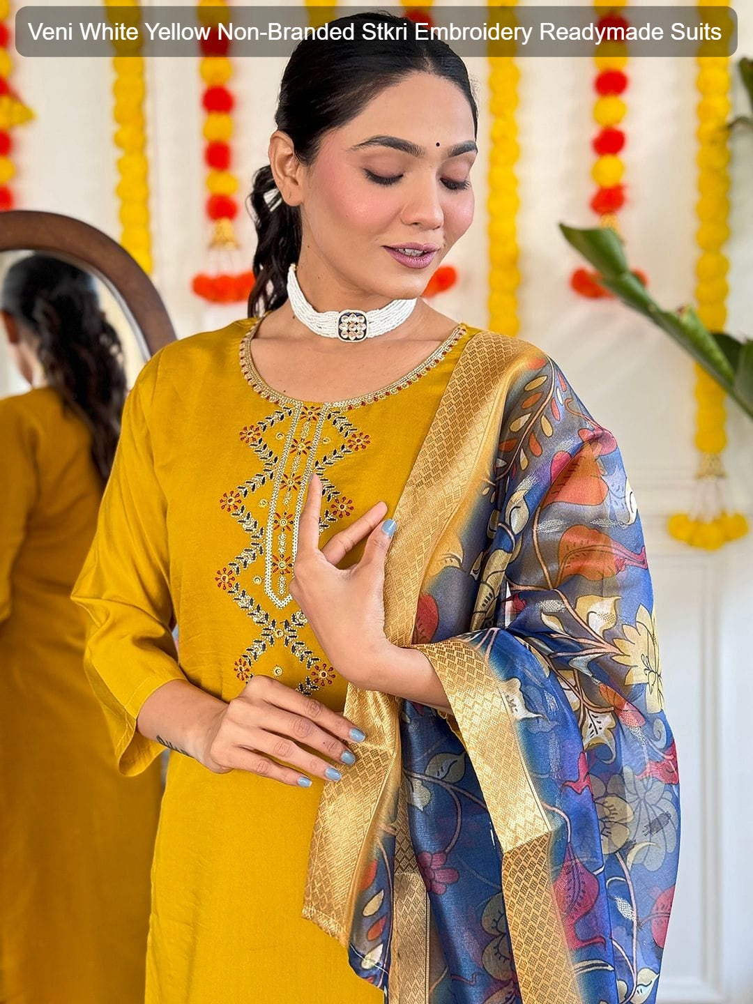 Veni White Yellow Non-Branded Stkri Embroidery Readymade Suits