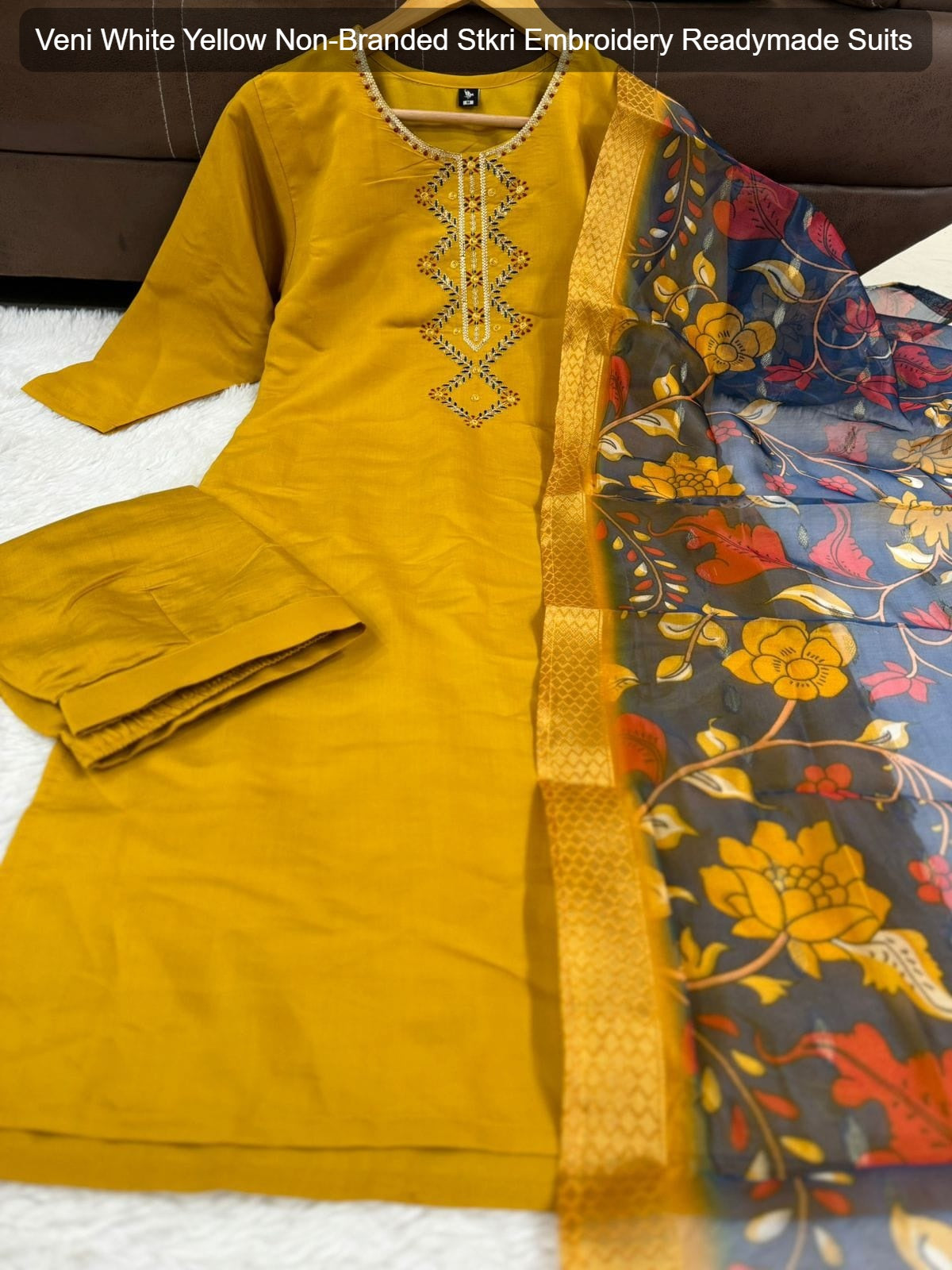 Veni White Yellow Non-Branded Stkri Embroidery Readymade Suits