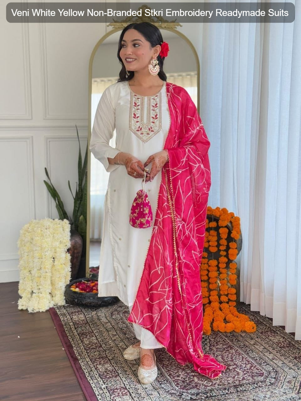 Veni White Yellow Non-Branded Stkri Embroidery Readymade Suits