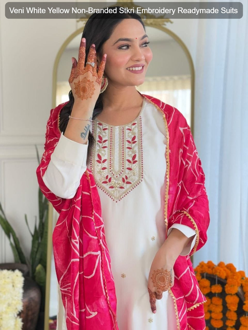 Veni White Yellow Non-Branded Stkri Embroidery Readymade Suits