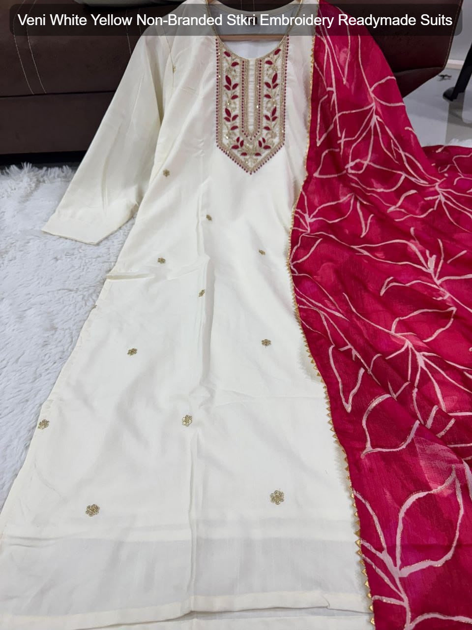 Veni White Yellow Non-Branded Stkri Embroidery Readymade Suits