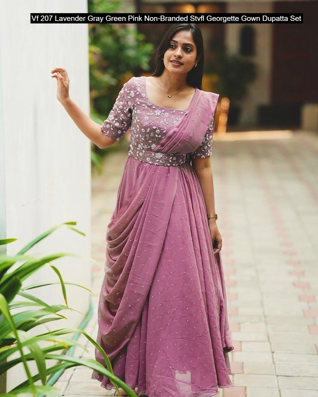Vf 207 Lavender Gray Green Pink Non-Branded Stvfl Georgette Gown Dupatta Set