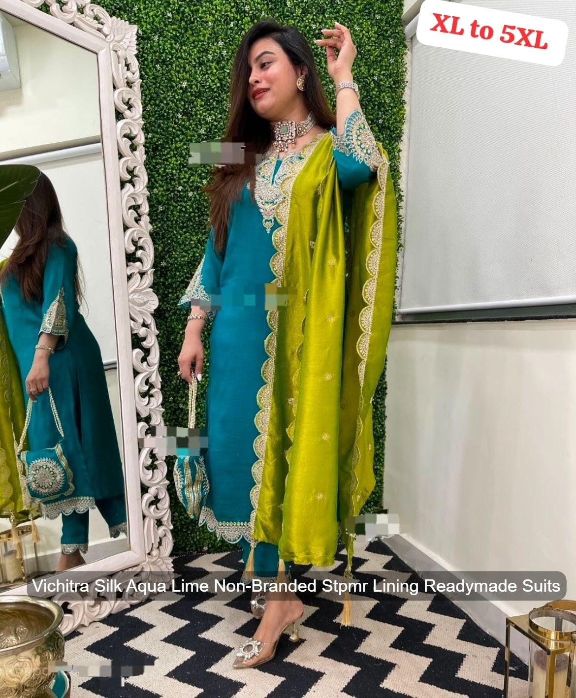 Vichitra Silk Aqua Lime Non-Branded Stpmr Lining Readymade Suits